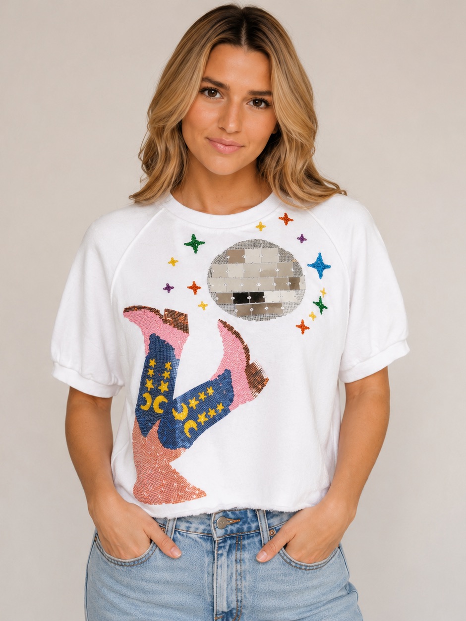 Queen Of Sparkles Disco Cowgirl White Sequin Boots Sweatshirt Top.